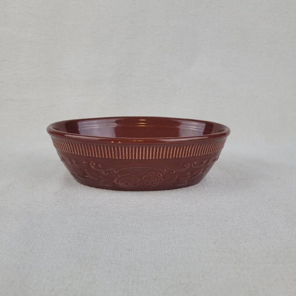 Vintage TST Taylor Smith Taylor Brown Oven Serve Ware Oval Bowl Floral Embossed